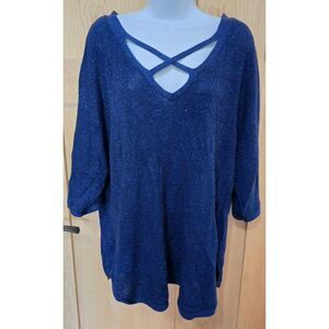 Womens Westport 1962 Navy Blue Glittery Sweater With Criss-Cross V-Neck Design &